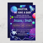 宇宙の赤ちゃんが青い宇宙飛行士の惑星にシャワーを浴びる 招待状 (正面/裏面)