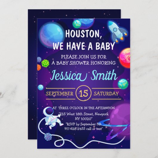宇宙の赤ちゃんが青い宇宙飛行士の惑星にシャワーを浴びる 招待状 (正面/裏面)