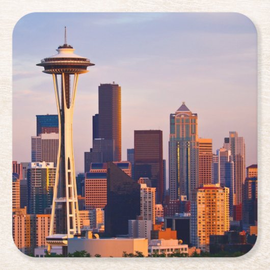 宇宙の針はシアトルの薄暗がりにタワーです スクエアペーパーコースター (正面)