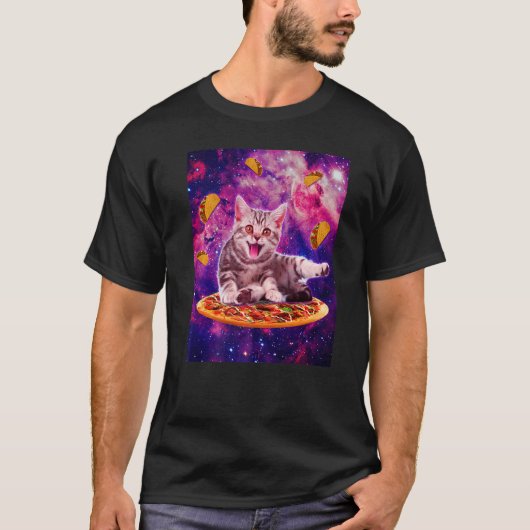 宇宙の銀河でタコとピザに乗る猫ちゃん Tシャツ (正面)