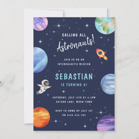 宇宙の銀河系スターズバースデーパーティー水彩 招待状 (正面)