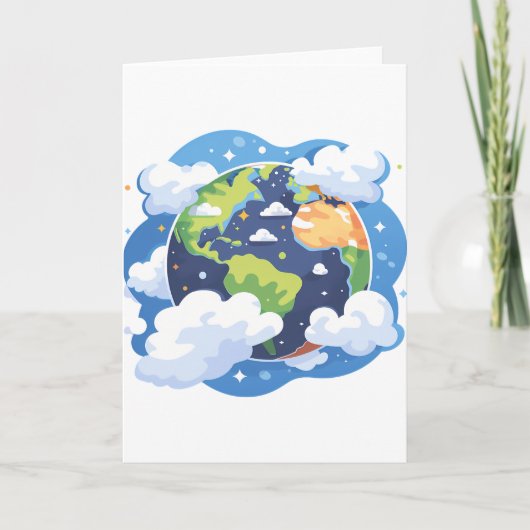 宇宙の雲と地球のイラスト カード (正面)