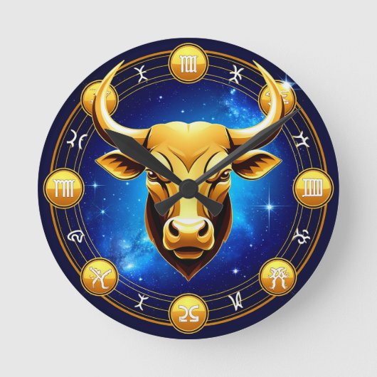 宇宙の黄道十二星座の輪の中の金色の牡牛座の雄牛 ラウンド壁時計 (正面)