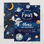 宇宙の4歳誕生日招待状 4歳に到達！ 招待状 (正面/裏面)