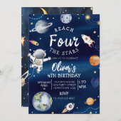 宇宙の4歳誕生日招待状 4歳に達する 招待状 (正面/裏面)