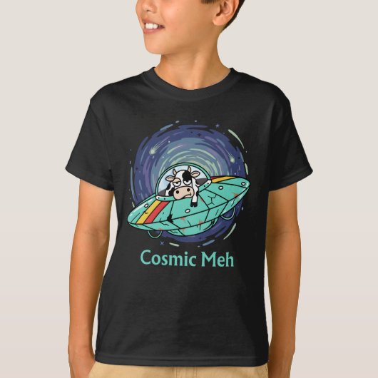 宇宙の「まぁね」宇宙船に乗った無気力な牛 Tシャツ (正面)