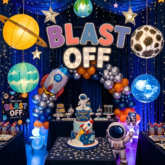 宇宙へと打ち上げ！男の子の誕生日パーティー招待状 招待状