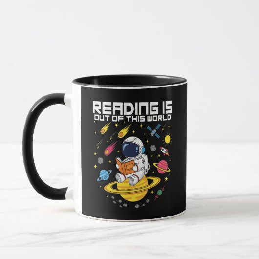 宇宙へと飛び出そう - 宇宙飛行士と本 マグカップ (左)