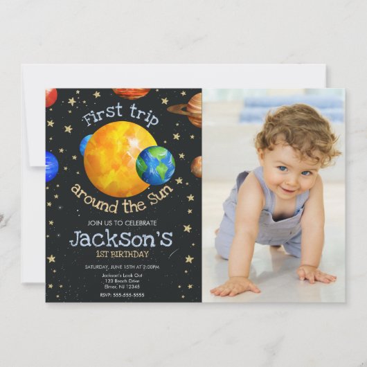 宇宙への初旅行 1歳の誕生日 少年 写真 招待状 (正面)