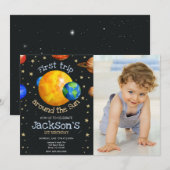 宇宙への初旅行 1歳の誕生日 少年 写真 招待状 (正面/裏面)