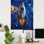 宇宙への旅立ち - カートゥーンロケットポスター ポスター (ホームオフィス)