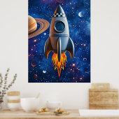 宇宙への旅立ち - カートゥーンロケットポスター ポスター (キッチン)