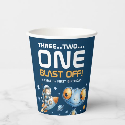 宇宙へ出発！ かわいいエイリアンの1歳の誕生日 紙コップ (正面)