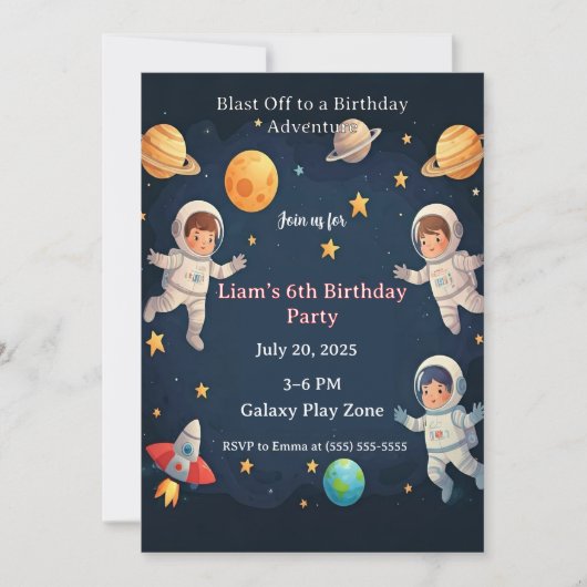 宇宙へ飛び出せ!キッズ6歳の誕生日パーティー 招待状 (正面)
