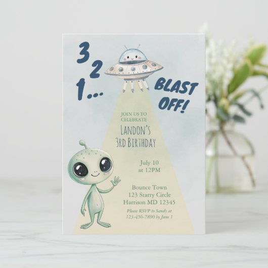 宇宙へ飛び立つエイリアンボーイズの3歳の誕生日 招待状 (スタンド正面)