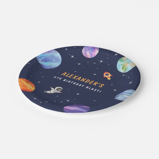 宇宙をテーマとしたかわいい誕生日パーティー水彩 ペーパープレート (アングル)