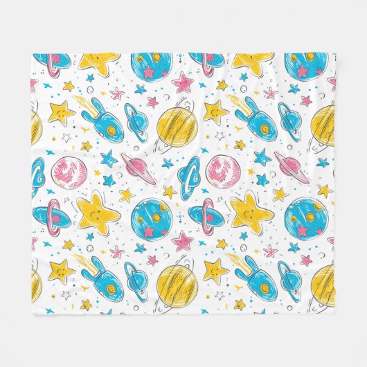 宇宙をテーマにしたホワイトバックグラウンドのドードル フリースブランケット (正面(横))