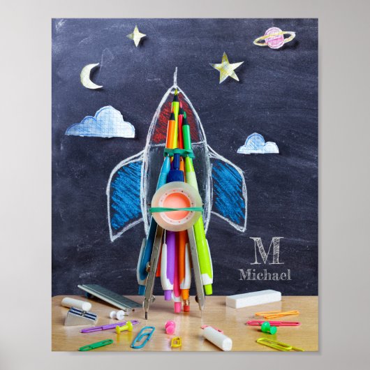 宇宙をテーマにしたロケット船 ~ オーダーメイドのイニシャル子供用 ポスター (正面)