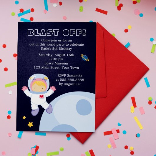 宇宙をテーマにした女の子の誕生日パーティー 招待状