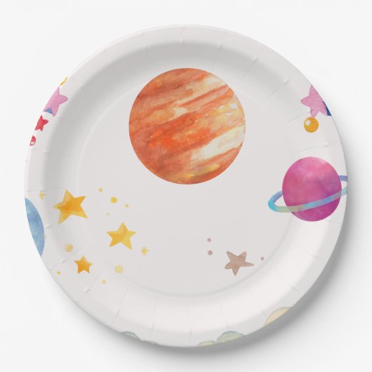 宇宙をテーマにした水の色のデザイン – ライト ペーパープレート (正面)