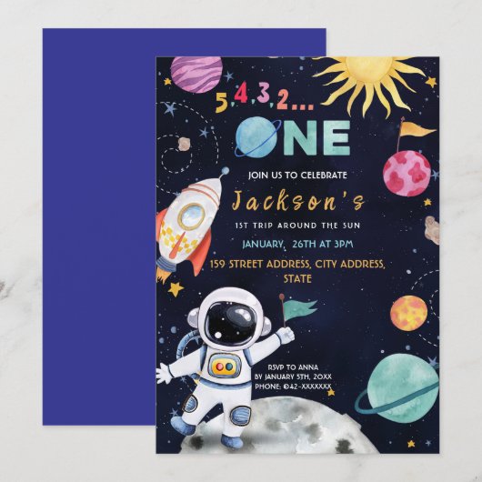 宇宙をテーマにした第1の誕生日パーティー 招待状 (正面/裏面)