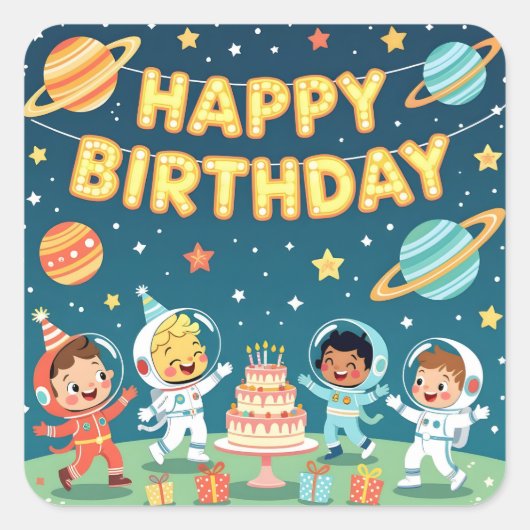 宇宙をテーマにした誕生日おめでとう スクエアシール (正面)
