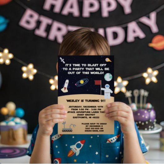 宇宙をテーマにした誕生日パーティーの招待状。宇宙へ飛び立とう 招待状