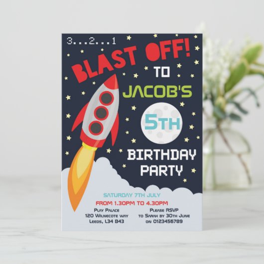 宇宙をテーマにした誕生日パーティーの招待状 招待状 (スタンド正面)