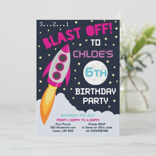 宇宙をテーマにした誕生日パーティーの招待状 招待状 (スタンド正面)