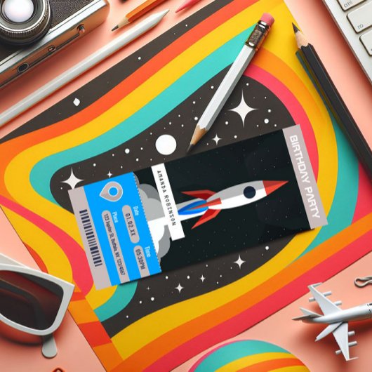 宇宙をテーマにした誕生日パーティー旅行チケット 招待状