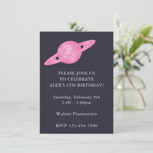 宇宙をテーマにした青とピンクの惑星パーティー 招待状 (スタンド正面)