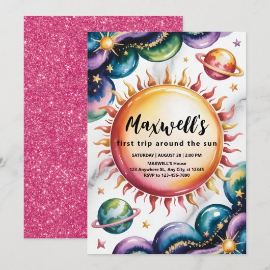 宇宙をテーマにした1歳の誕生日パーティー 招待状 (正面/裏面)