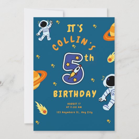 宇宙をテーマにした5歳の誕生日招待状（男の子向け） 招待状 (正面)