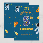 宇宙をテーマにした5歳の誕生日招待状（男の子向け） 招待状 (正面/裏面)