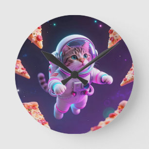 宇宙を冒険するかわいい宇宙飛行士猫のパスタデザイン ラウンド壁時計