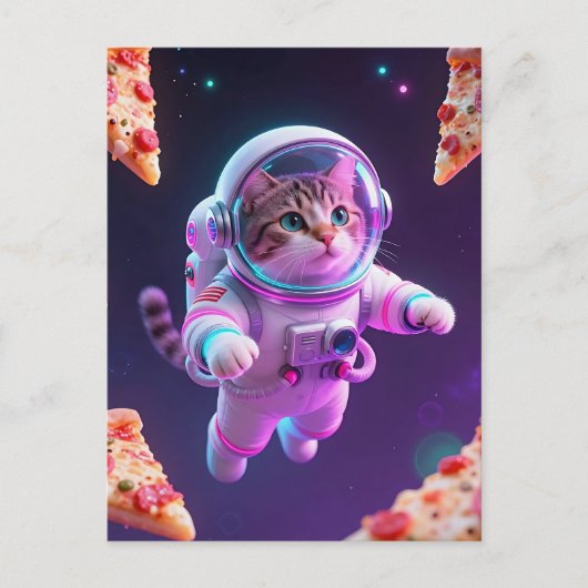 宇宙を冒険する宇宙飛行士猫:ピザが浮かぶ夢の世界 ポストカード (正面)