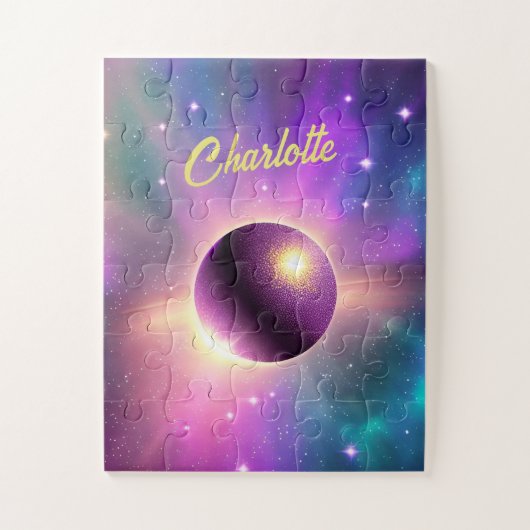 宇宙を周回する宇宙おもしろい紫色の惑星 ジグソーパズル (縦)