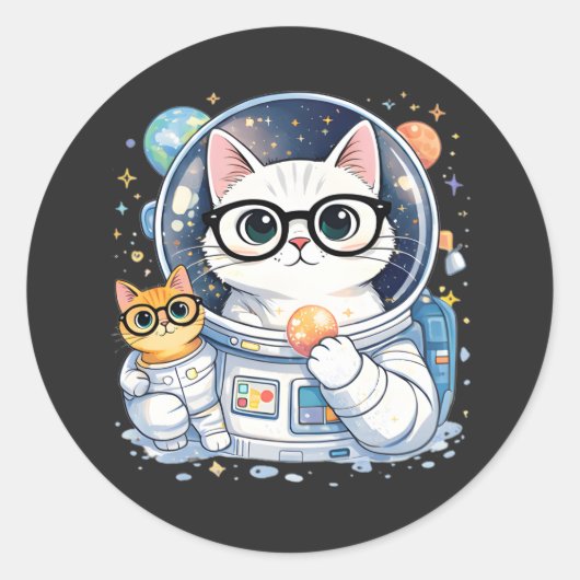 宇宙を探索する愛らしい宇宙飛行士猫 ラウンドシール (正面)