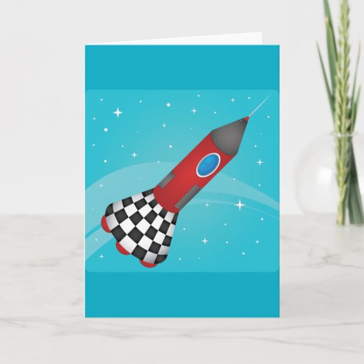 宇宙を飛ぶレトロな赤いロケット カード (正面)