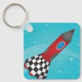 宇宙を飛ぶレトロな赤いロケット キーホルダー (正面)