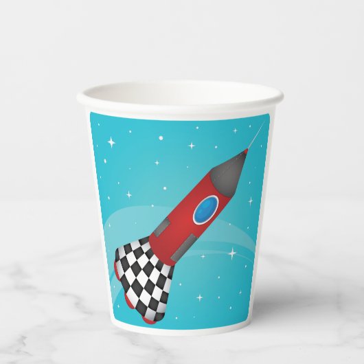 宇宙を飛ぶレトロな赤いロケット 紙コップ (正面)