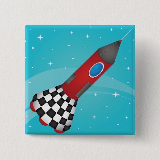 宇宙を飛ぶレトロな赤いロケット 缶バッジ (正面)