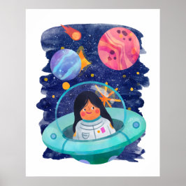 宇宙を飛ぶ少女と宇宙船と宇宙飛行士と惑星 ポスター