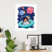 宇宙を飛ぶ少女と宇宙船の宇宙飛行士 - 惑星の冒険 ポスター (ホームオフィス)