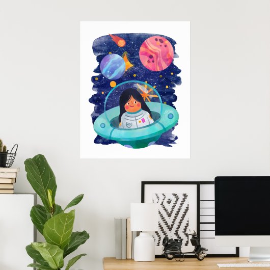 宇宙を飛ぶ少女と宇宙船の宇宙飛行士 - 惑星探訪 ポスター (ホームオフィス)
