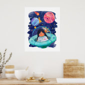 宇宙を飛ぶ少女と宇宙船の宇宙飛行士 - 惑星 ポスター (キッチン)