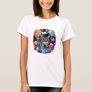 宇宙を飛ぶ面白い猫の宇宙飛行士 Tシャツ