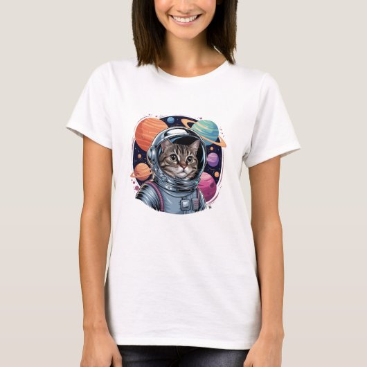 宇宙を飛ぶ面白い猫の宇宙飛行士 Tシャツ (正面)