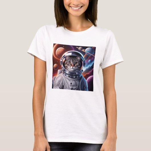 宇宙を飛ぶ面白い猫の宇宙飛行士 Tシャツ (正面)