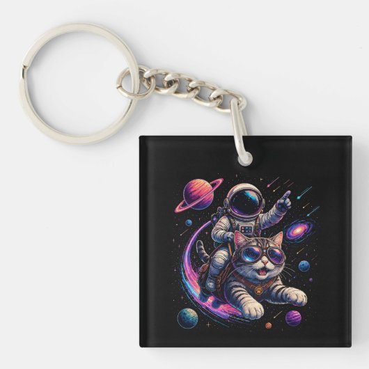 宇宙を駆ける宇宙飛行士猫 キーホルダー (正面)